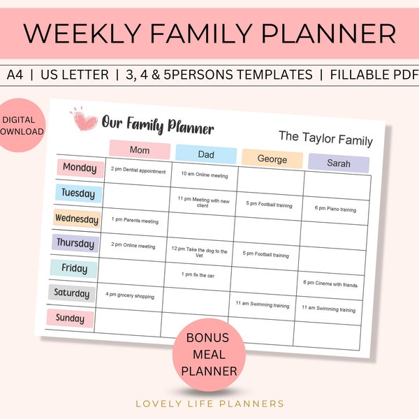 Weekly Family Planner Printable Family Calendar Editable Family Schedule Customized Digital Family Planner Template, 3, 4 & 5 Members.