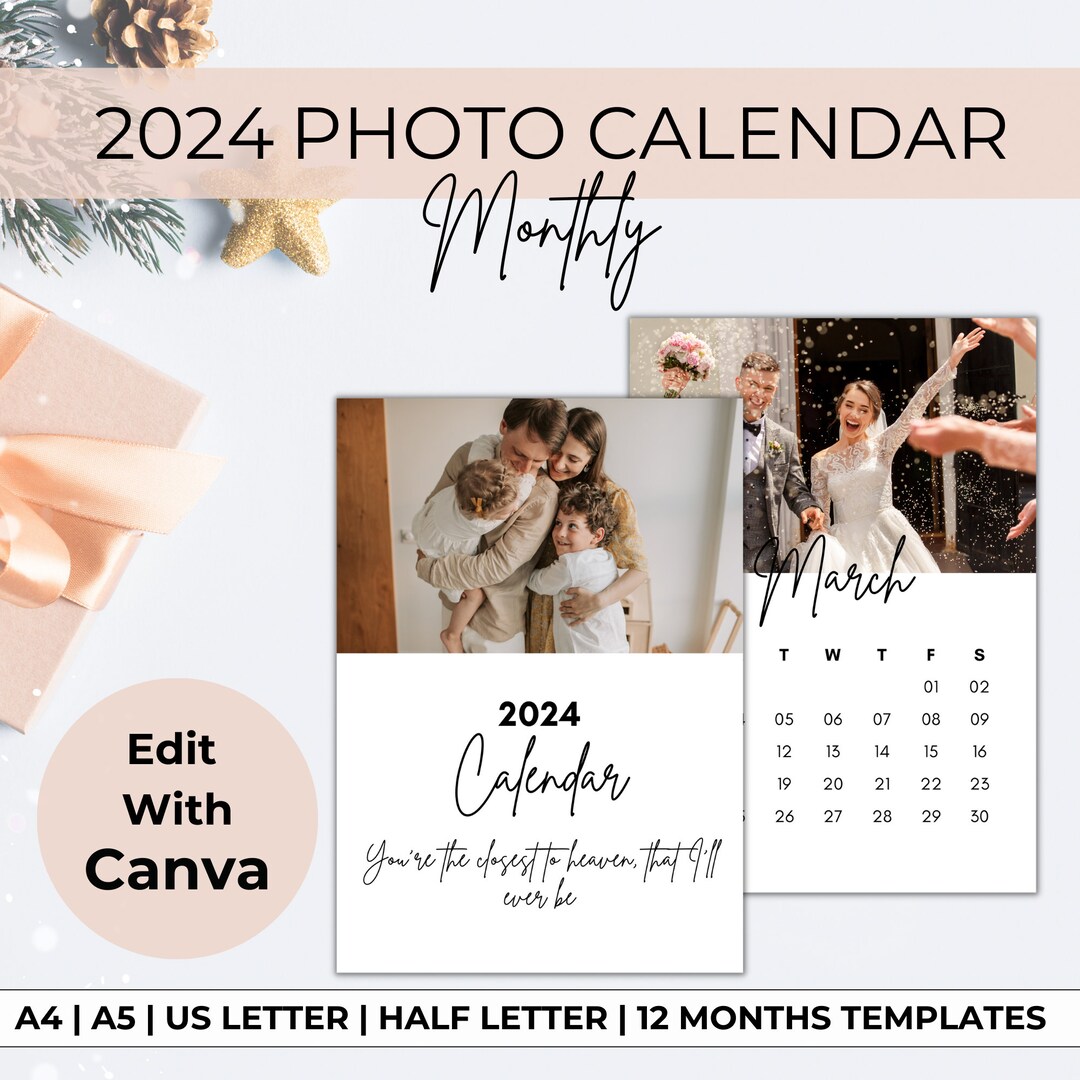 2024 Digital Calendar Monthly, Canva Upload Photos Download Printable