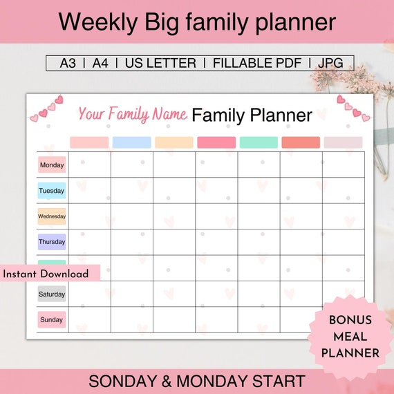 Weekly Big Family Planner 6 & 7 Members Editable A3, A4, Letter, Family Calendar Printable, Family Command Center, Gift for Busy Mom. - Etsy