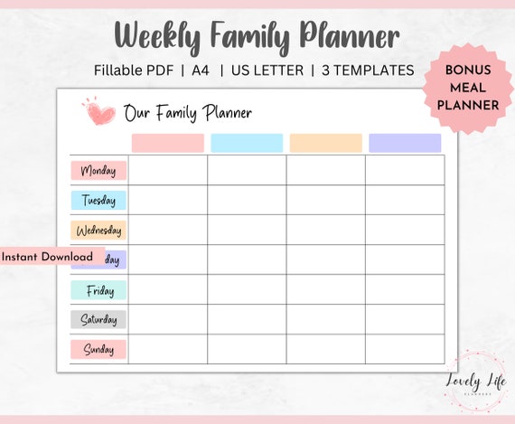 Weekly Family Planner Editable, Family Calendar, Family Calendar Printable,  Command Center, Editable Weekly Family Schedule, A4, Letter. - Etsy