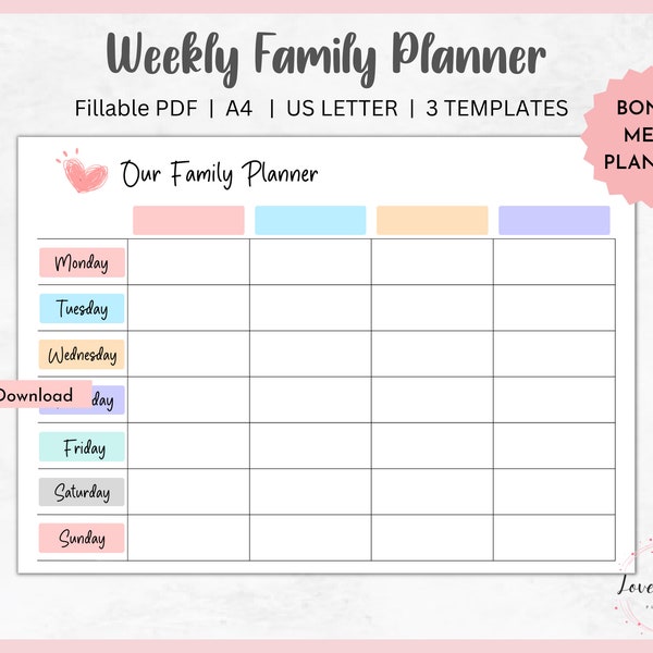 Weekly family planner editable, Family calendar, Family calendar printable, Command center, Editable weekly family schedule, A4, Letter.