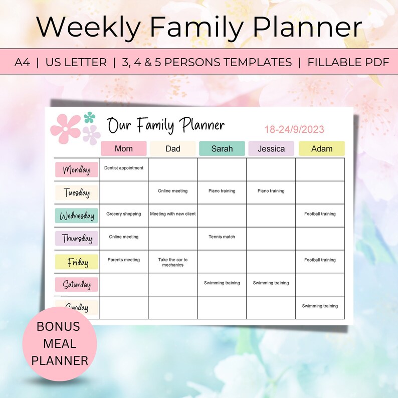 Weekly Family Planner Printable Family Calendar Editable Family Schedule Customized Digital ...