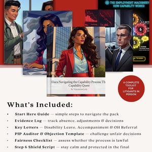 May include: Digital download of the Capability Process Survival Kit Complete Pack. The image features illustrations of professionals and includes a list of included items such as a Start Here Guide and Evidence Log. The text reads "Elara Blueprint Series - Yolanda's World."