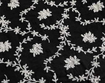Black Cotton Fabric: White Floral Embroidery, Elegant Dress Material