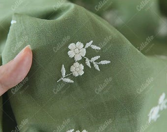 Green Embroidered Cotton Fabric, Floral Pattern, Suitable for Clothes and Cushions, 1/2 Yard
