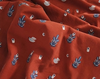Rustic Cotton Linen Fabric: Blue & White Embroidered Floral, by the Half Yard