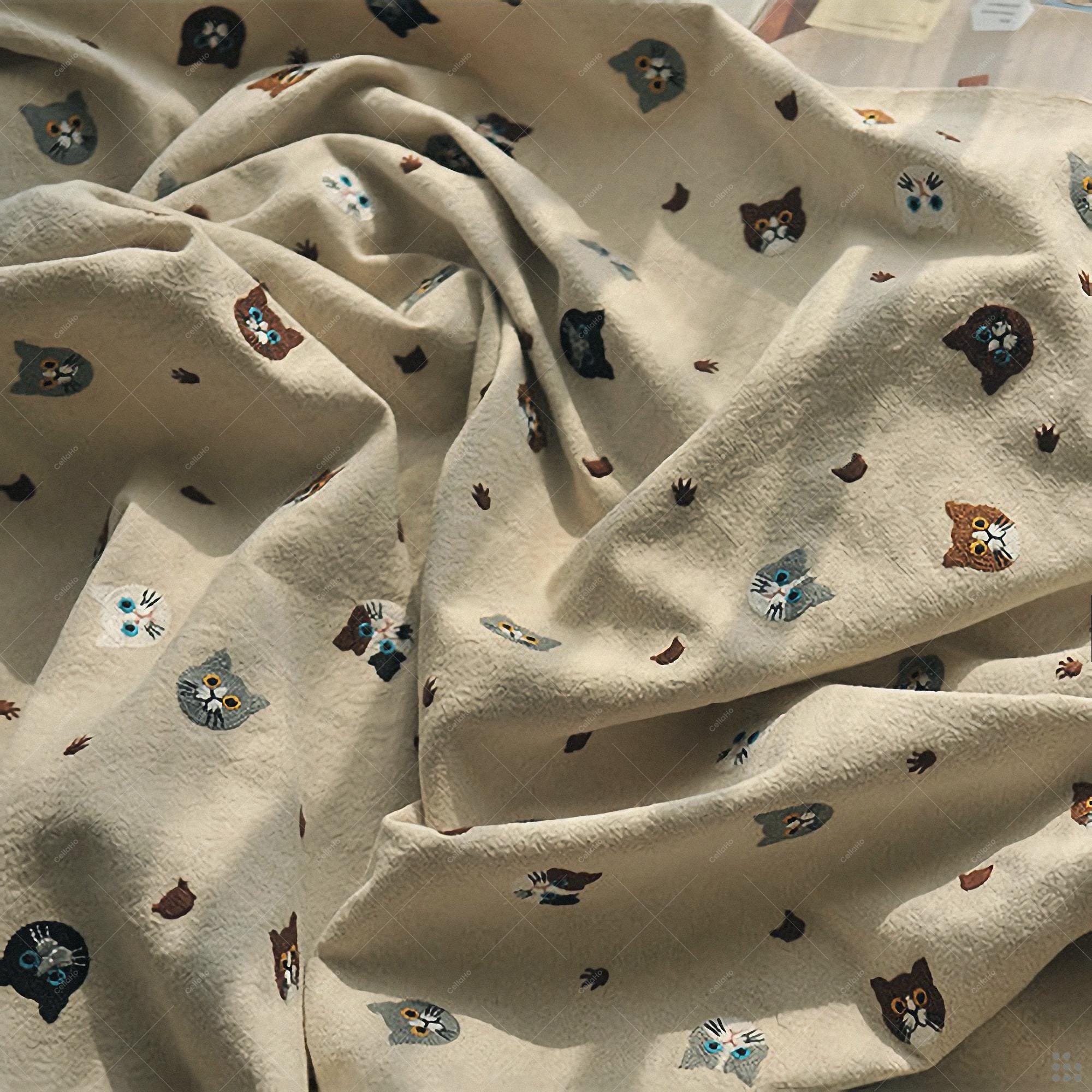 Embroidered Cat Fabric, DIY Cotton Linen Material for Cushions, Bags ...