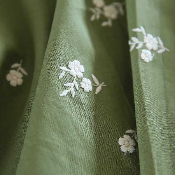 Green Embroidered Cotton Fabric, Floral Pattern, Suitable for Clothes and Cushions, 1/2 Yard