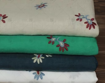 Floral Embroidered Linen Fabric: Lightweight Sewing Material, by the Half Yard