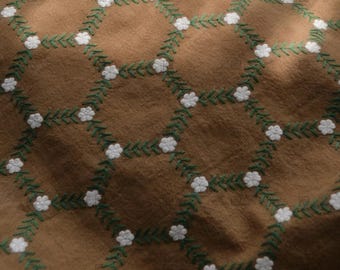 Floral Embroidered Cotton Linen Fabric: Geometric Grid, Half Yard