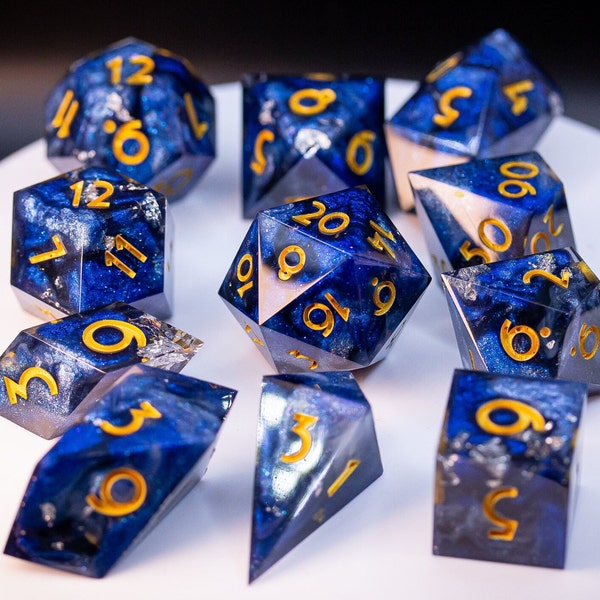 Starry Night [B-Grade] - blue silver and yellow handmade sharp edge resin 11 piece dice set for DnD, D&D, Dungeons and Dragons, RPG dice