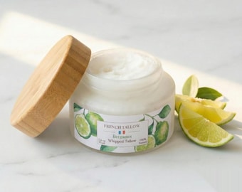 Bergamot Whipped Tallow Balm Cream, Nose To Tail Suet Earl Grey, Chemical Free Unisex Care, Frosted Glass Jar Bamboo Lid Citrus Floral