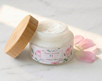 Damas Rose Whipped Tallow Balm Cream, Nose To Tail Suet Floral, Damas Rose Tallow Luxury, Frosted Glass Jar Bamboo Lid Mature Skin