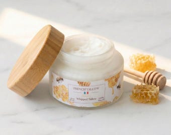 Honey Whipped Tallow Balm Cream, Nose To Tail Suet Humectant, Chemical Free Deep Moisture, Frosted Glass Jar Bamboo Lid Natural Nectar