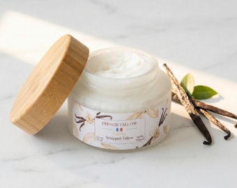 Vanilla Whipped Tallow Balm Cream, Nose To Tail Ethical Suet, Chemical Free Moisturizer, Frosted Glass Bamboo Lid Jar Winter Skin Care