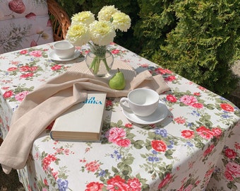 Waterproof cotton tablecloth with Roses, floral tablecloth,  oilcloth tablecloth, wipe clean tablecloth, custom size tablecloth