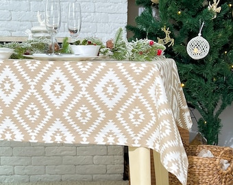 Beige Geometrische Tischdecke: Wasserdichte Baumwolle, Verschüttungs- und Schmutzabweisend