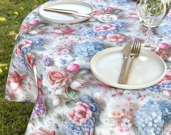 Hydrangea, Rose & Tulip Floral Tablecloth with 3D Effect – Waterproof Cotton Oilcloth, Wipeable Table Cover
