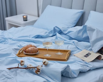 Sky Blue Cotton Duvet Cover Set: Cozy Bedding with Pillowcases