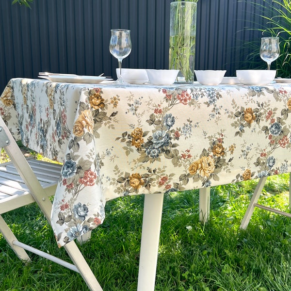 Vintage Blossoms - floral tablecloth, cotton tablecloth, waterproof, spill proof tablecloth, stain resistant, vintage tablecloth