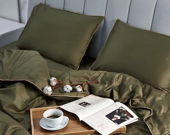 Dark Green Sateen Fitted Sheet | Twin XL, Full/Double, Queen, California King | 100% Cotton Ultra Soft And Silky | Bedding + Shams | 300TC