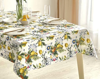 Tovaglia Rettangolare Con Stampa Limoni E Fiori, 152x213 Cm, Poliestere Impermeabile E Antimacchia Per Tavolo Da Pranzo