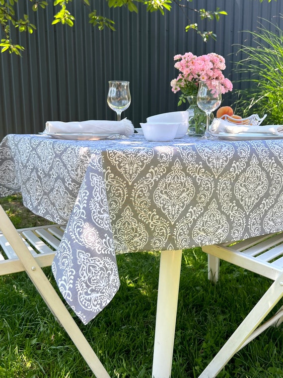 Vintage Oilcloth Tablecloth, Stain Resistant Table Cover, Ornate Grey Pattern Waterproof Tablecloth