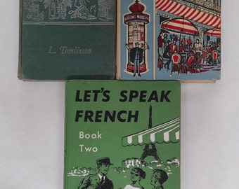 Lot de 3 livres pour apprendre et parler français à l'école vintage/rétro, couverture rigide