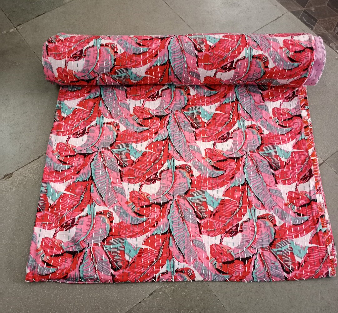 Indian Kantha Quilt Hand Block Print Throw Indian Blanket Queen