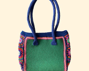 Crochet Shoulder Bag, Handmade Cotton Bag with Motifs, Colorful Crochet Purse, Boho Summer Bag, Gift for Her