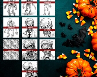 Puede incluir: Un conjunto de diez ilustraciones en blanco y negro de zombis en varias poses. Las ilustraciones están etiquetadas con números del 1 al 10.