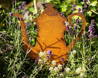 Piquets de jardin, décoration de jardin, bouilloire à thé, cafetière, théière à thé en métal rouille patiné, décoration de jardin, pot de lit optique patiné