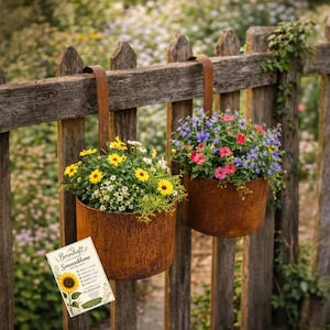 Op de afbeelding: Twee cilindervormige, roestkleurige metalen plantenbakken hangen aan een houten hek met metalen riemen. De linkerbak bevat gele en witte bloemen, de rechterbak roze en blauwe bloemen. Een zakje zaden met het label Bernhoft's Sonnenblume is bevestigd.