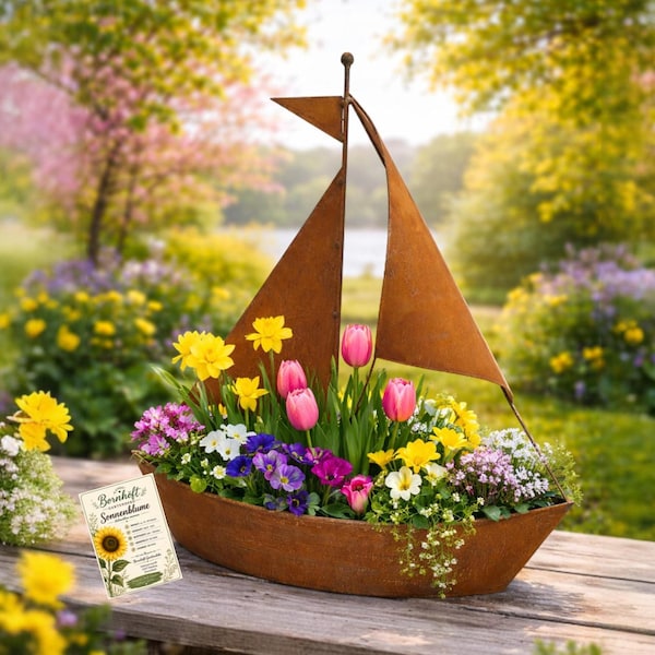 Rusty metal sailboat planter, maritime garden decoration, boat decor for pond, patio, garden, gift set including sunflower seeds