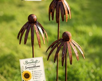 Gartenstecker Edelrost Blumen 3er Set Metall Gartendeko Geschenkset für Gartenliebhaber inkl exklusiver Sonnenblumen Samentüte