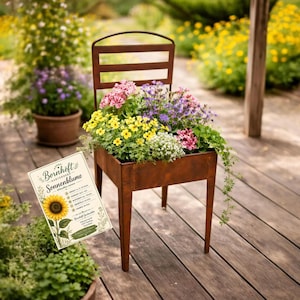 May include: A rust-colored metal chair planter filled with a variety of colorful flowers including yellow, pink, and purple blooms. A rectangular sign with the text Bornhoft Sonnenblume and a sunflower illustration is positioned in the foreground.