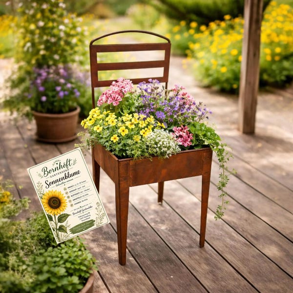 Planting chair, rusted metal garden decoration, garden chair, planter, gift set for garden lovers including exclusive sunflower seed packet