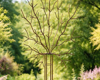 Struttura per arrampicata in ferro con finitura ruggine – Supporto per arrampicata da 215 cm per clematidi e rose – Paletto da giardino in metallo – Decorazione da giardino arrugginita – Obelisco rampicante a forma di albero