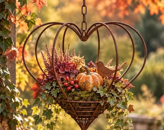 Rusty metal heart hanging basket, 40 x 47 cm, metal planter for hanging, garden decoration for balcony or patio, rusty decoration, gift for garden lovers