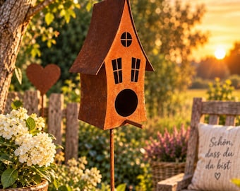 Rusty metal birdhouse on a stake – Garden decoration with birdhouse – Rusty decoration for garden & patio