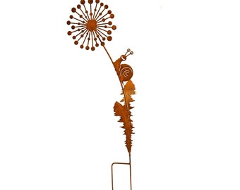 Gartenstecker Pusteblume mit lustiger Schnecke aus Edelrost Metall Rost Gartendeko Edelrost rostiger Beetstecker
