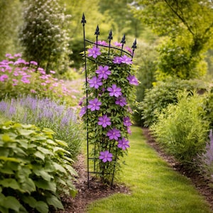 Pode incluir: Uma cena de jardim com uma treliça de metal preto adornada com vibrantes flores de clematis roxas. A treliça está situada em meio a um exuberante gramado verde e várias plantas floridas, criando um cenário ao ar livre pitoresco.