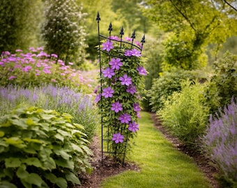 Powder-coated solid metal trellis – 160 cm – Metal climbing aid for clematis & roses – Garden climbing aid – Handmade Black