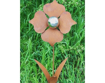 Piquet de jardin en métal fleur rouille décoration de jardin décoration rouillée patine avec boule en acier inoxydable piquet de lit pot piquet décoration faîtage rouillé 110 cm