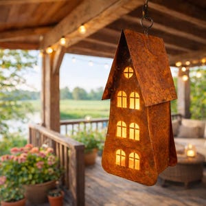 Roestige tuindecoratie lantaarn vogelhuisje tuindecoratie decoratie roestige decoratie landhuis vogelvoederhuisje voederstation om op te hangen