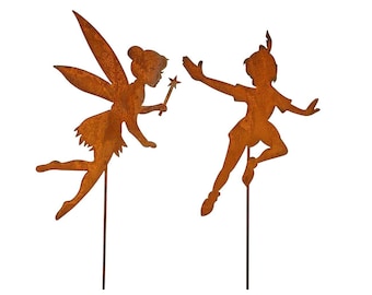 Gartenstecker Peter Pan und Tinkerbell Metall Rost Gartendeko Edelrost rostiger Beetstecker 110cm Fee Beetstecker