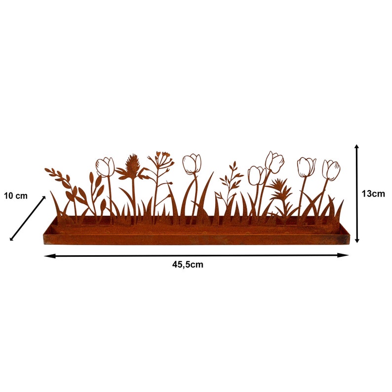 Gartendekoration Tulpen Wiese Osterdeko Frühling Rost Gartendeko Edelrost rostige Dekoration Terrasse Balkon Deko Dekoaufsteller Tablett Bild 10