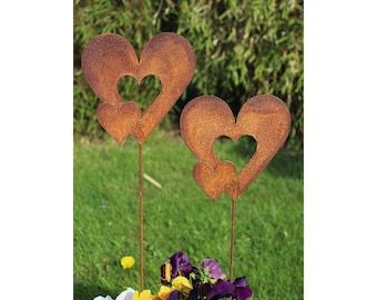 Lot de 2 piquets de jardin coeurs doubles piquets de lit piquets de pot métal rouille décoration de jardin patine rouille décoration terrasse balcon décoration