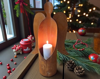Rustic, weathered steel angel candle holder or planter, atmospheric decoration for Christmas & all year round, 50 cm high