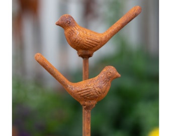 Lot de 2 piquets de jardin en fonte pour oiseaux, piquets de pot en métal rouille, décoration de jardin en fer patiné, décoration de jardin, oiseaux